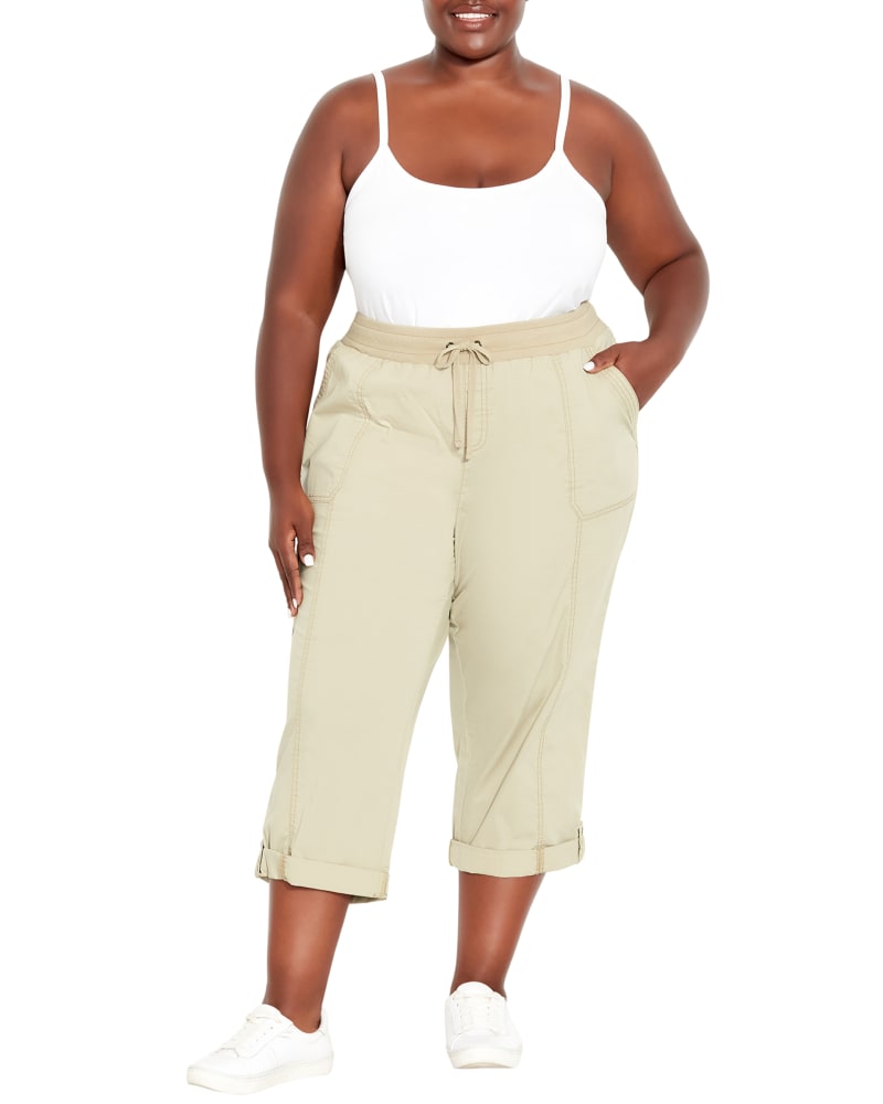 Front of a model wearing a size 14 CAPRI CTN ROLL UP in Sand by avenue. | dia_product_style_image_id:293497